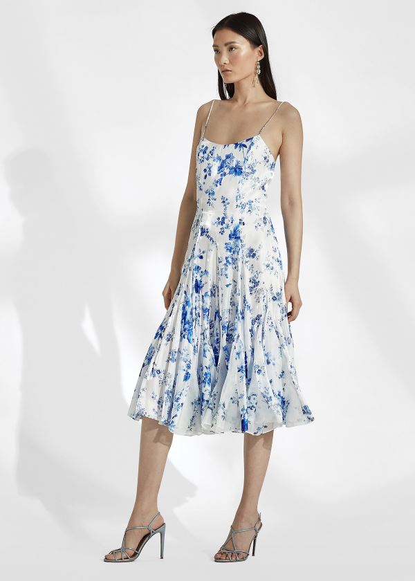 Vestidos Ralph Lauren Mujer Azules / Blancos - Denisa Floral Satin - UQOAT7021